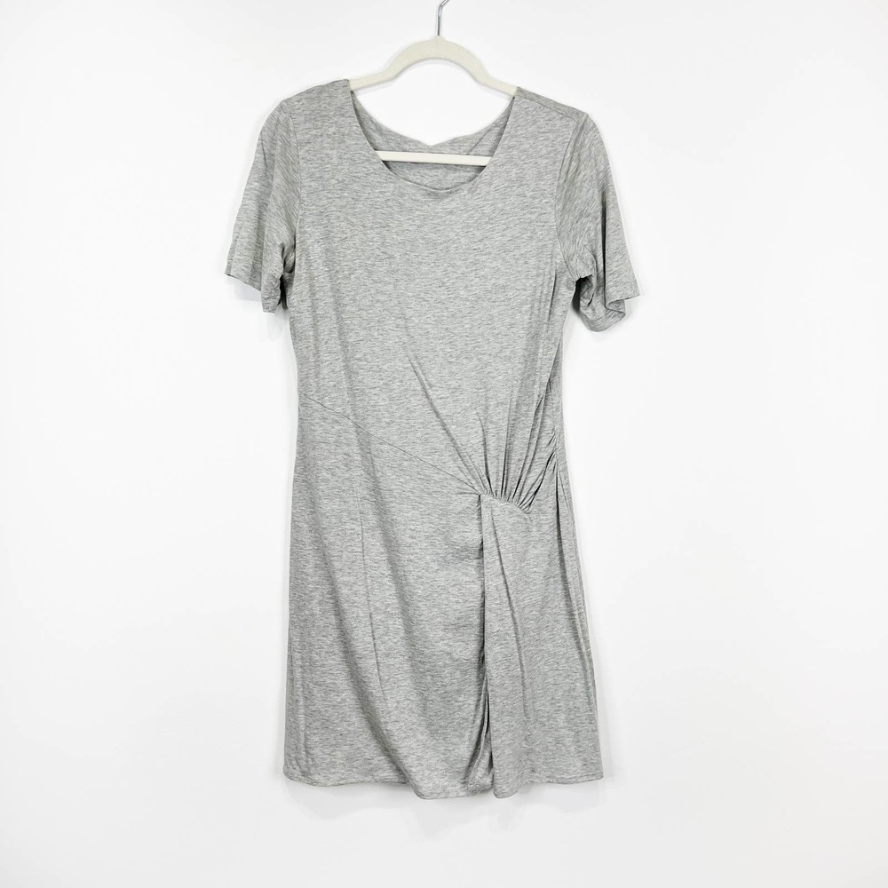 Joan Vass dress short sleeve grey jersey knit flattering ruched waist size small - Picture 4 of 6